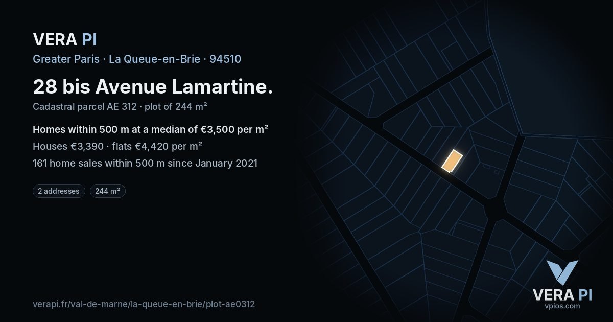 28 bis Avenue Lamartine, La Queue-en-Brie at night – the plot lit, the parcels around coloured by the prices near them