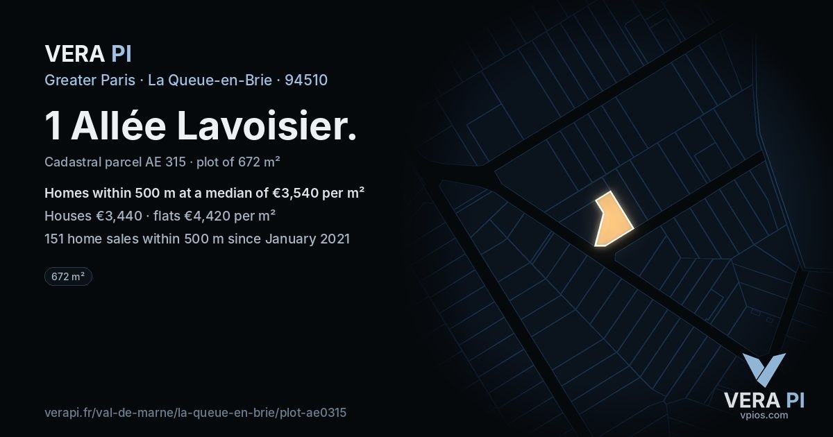 1 Allée Lavoisier, La Queue-en-Brie at night – the plot lit, the parcels around coloured by the prices near them