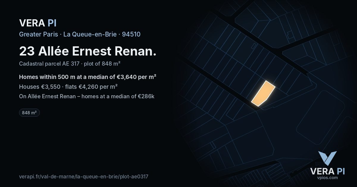 23 Allée Ernest Renan, La Queue-en-Brie at night – the plot lit, the parcels around coloured by the prices near them