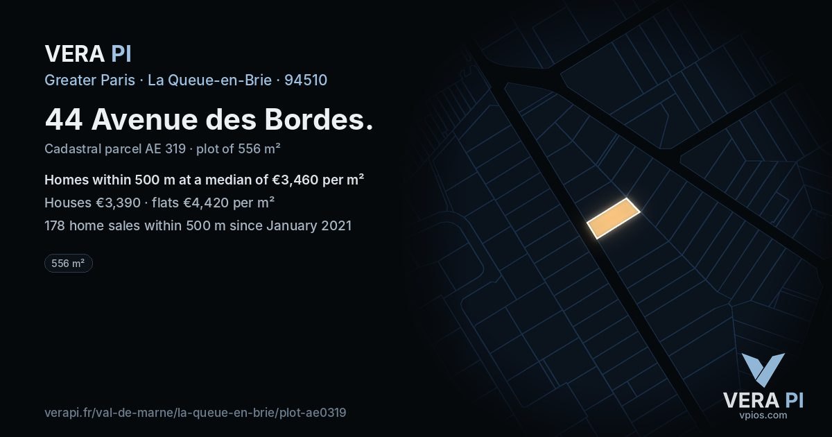 44 Avenue des Bordes, La Queue-en-Brie at night – the plot lit, the parcels around coloured by the prices near them