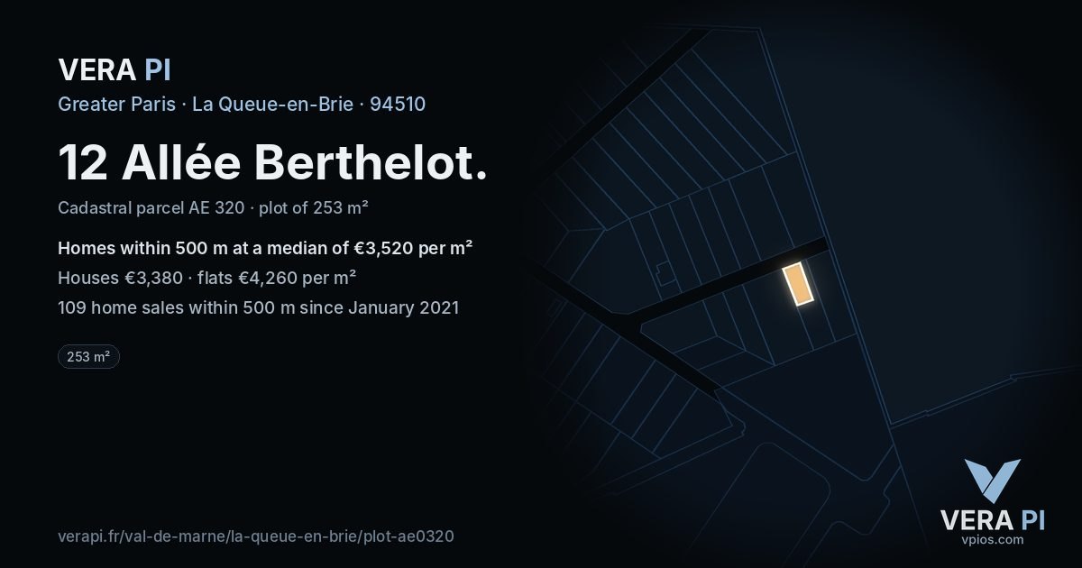 12 Allée Berthelot, La Queue-en-Brie at night – the plot lit, the parcels around coloured by the prices near them