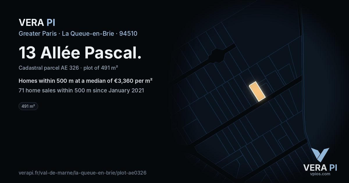 13 Allée Pascal, La Queue-en-Brie at night – the plot lit, the parcels around coloured by the prices near them