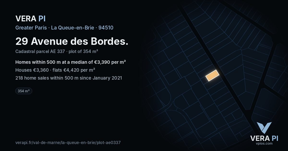 29 Avenue des Bordes, La Queue-en-Brie at night – the plot lit, the parcels around coloured by the prices near them