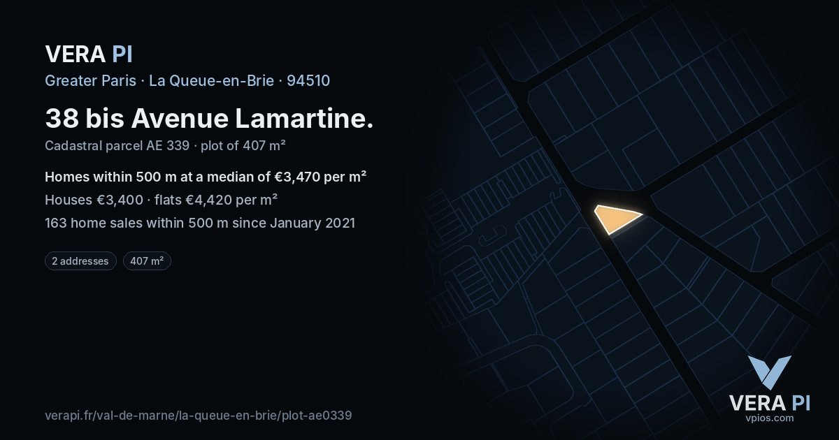 38 bis Avenue Lamartine, La Queue-en-Brie at night – the plot lit, the parcels around coloured by the prices near them