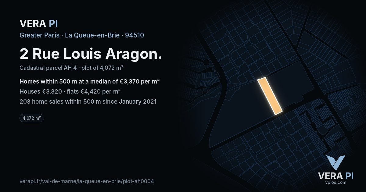 2 Rue Louis Aragon, La Queue-en-Brie at night – the plot lit, the parcels around coloured by the prices near them