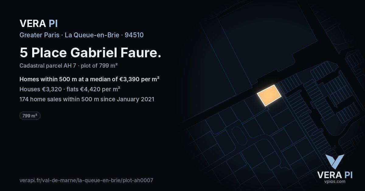 5 Place Gabriel Faure, La Queue-en-Brie at night – the plot lit, the parcels around coloured by the prices near them
