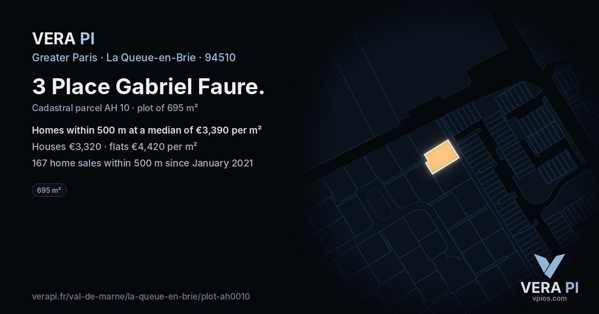 3 Place Gabriel Faure, La Queue-en-Brie at night – the plot lit, the parcels around coloured by the prices near them