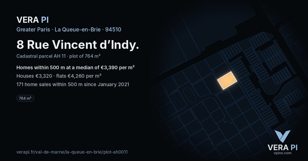 8 Rue Vincent d’Indy, La Queue-en-Brie at night – the plot lit, the parcels around coloured by the prices near them