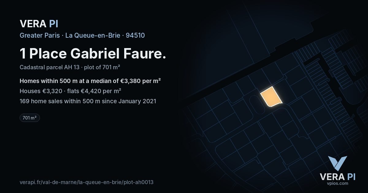 1 Place Gabriel Faure, La Queue-en-Brie at night – the plot lit, the parcels around coloured by the prices near them