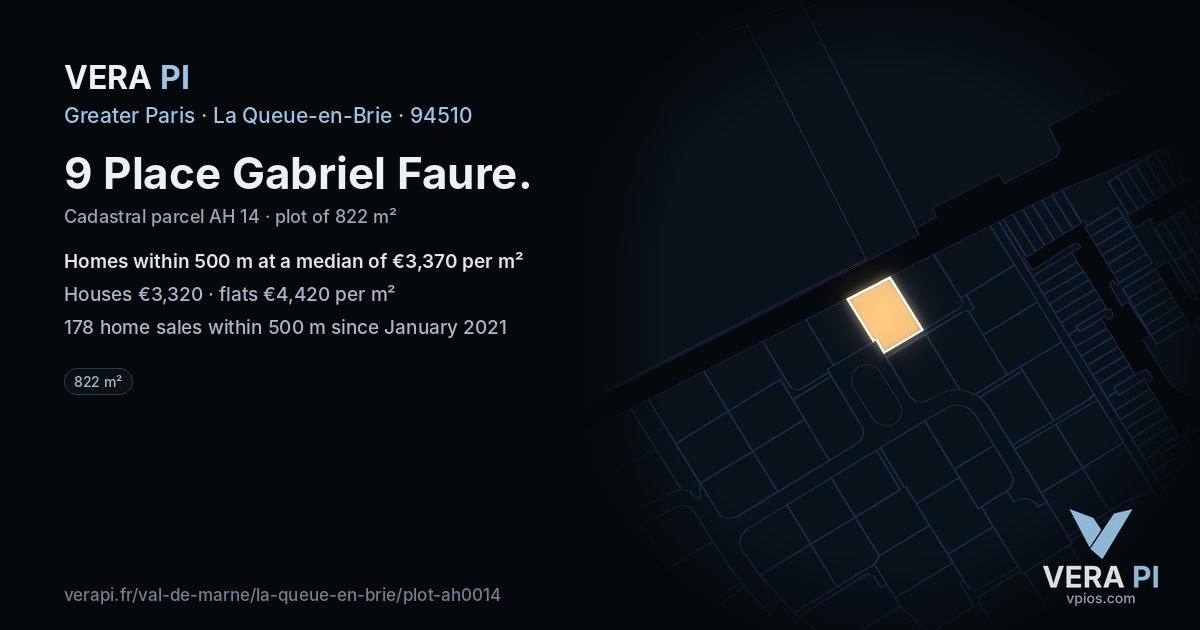 9 Place Gabriel Faure, La Queue-en-Brie at night – the plot lit, the parcels around coloured by the prices near them