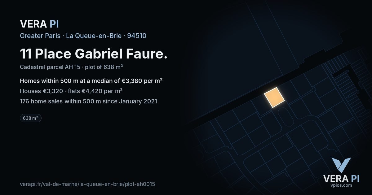 11 Place Gabriel Faure, La Queue-en-Brie at night – the plot lit, the parcels around coloured by the prices near them