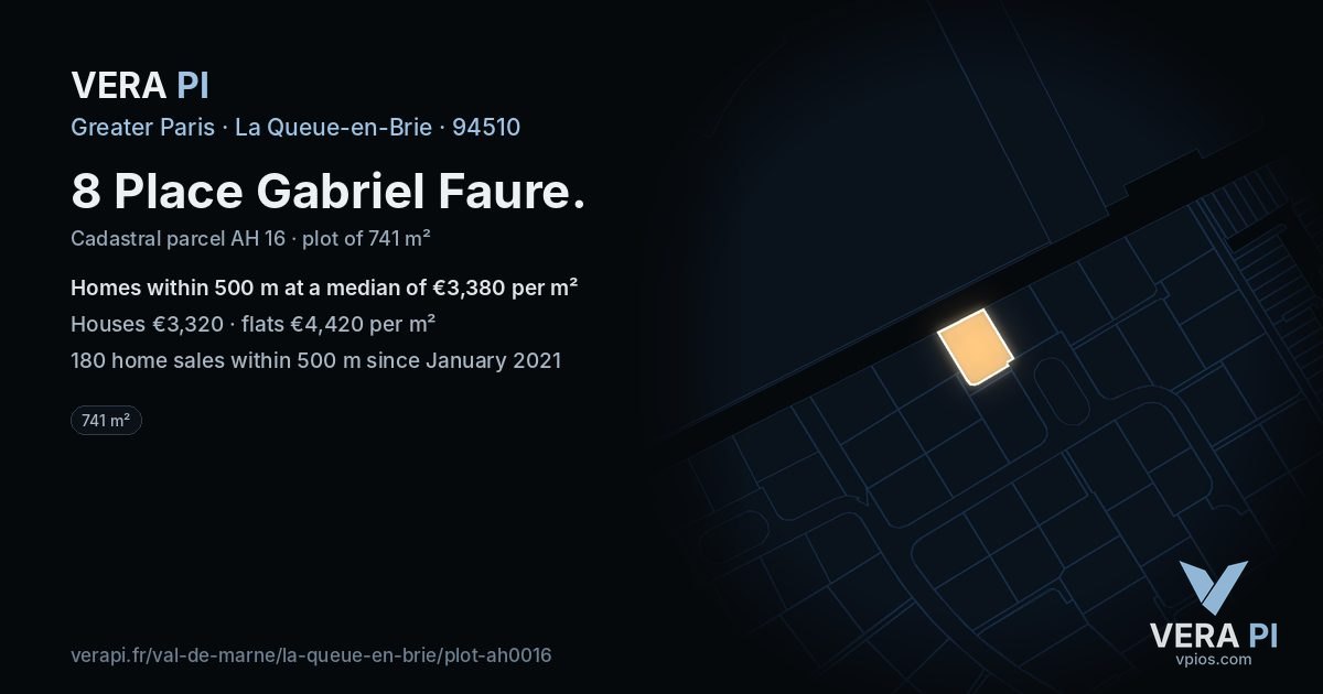 8 Place Gabriel Faure, La Queue-en-Brie at night – the plot lit, the parcels around coloured by the prices near them