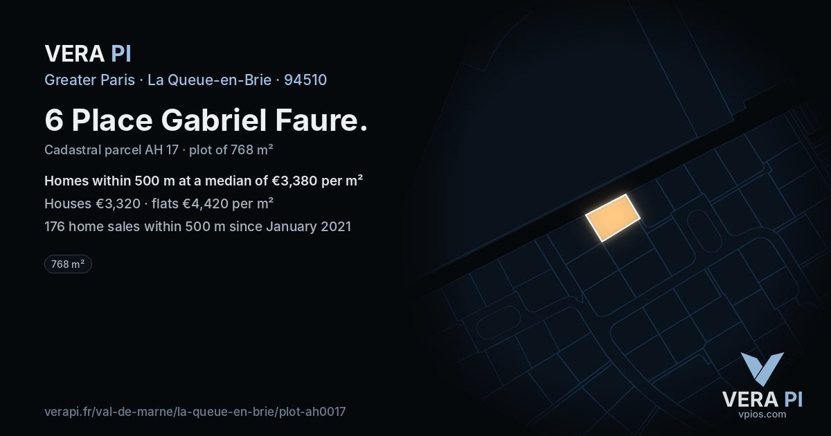 6 Place Gabriel Faure, La Queue-en-Brie at night – the plot lit, the parcels around coloured by the prices near them