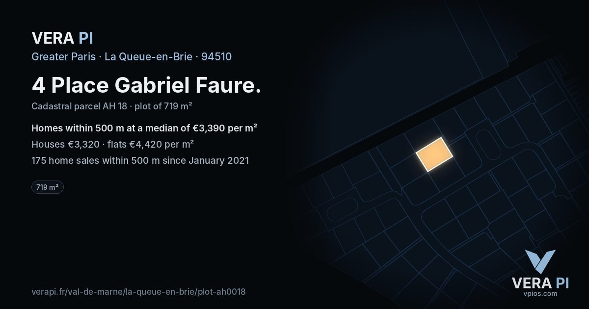 4 Place Gabriel Faure, La Queue-en-Brie at night – the plot lit, the parcels around coloured by the prices near them