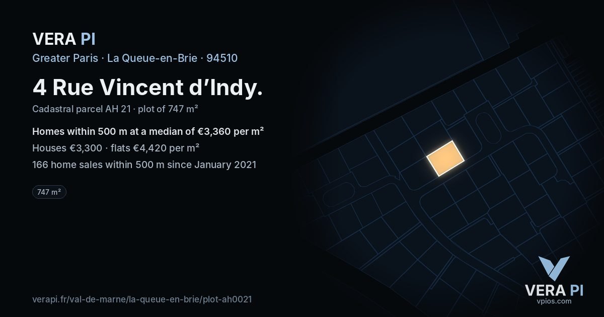 4 Rue Vincent d’Indy, La Queue-en-Brie at night – the plot lit, the parcels around coloured by the prices near them