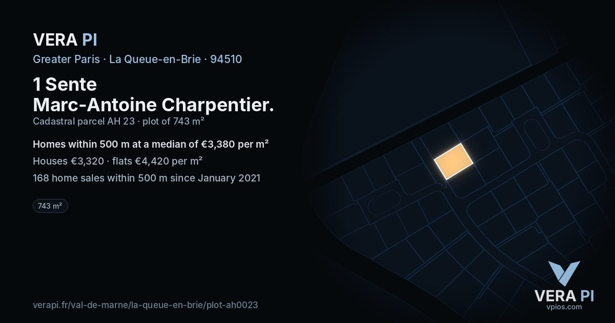 1 Sente Marc-Antoine Charpentier, La Queue-en-Brie at night – the plot lit, the parcels around coloured by the prices near them