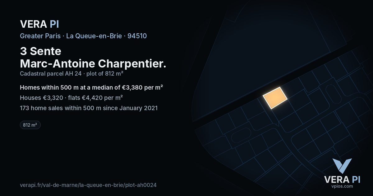 3 Sente Marc-Antoine Charpentier, La Queue-en-Brie at night – the plot lit, the parcels around coloured by the prices near them