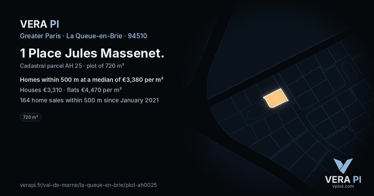 1 Place Jules Massenet, La Queue-en-Brie at night – the plot lit, the parcels around coloured by the prices near them