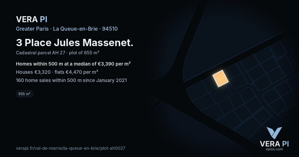 3 Place Jules Massenet, La Queue-en-Brie at night – the plot lit, the parcels around coloured by the prices near them