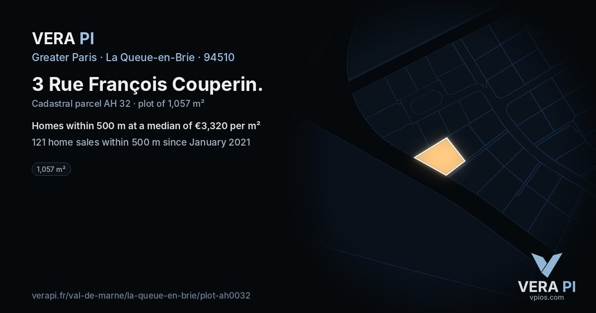 3 Rue François Couperin, La Queue-en-Brie at night – the plot lit, the parcels around coloured by the prices near them