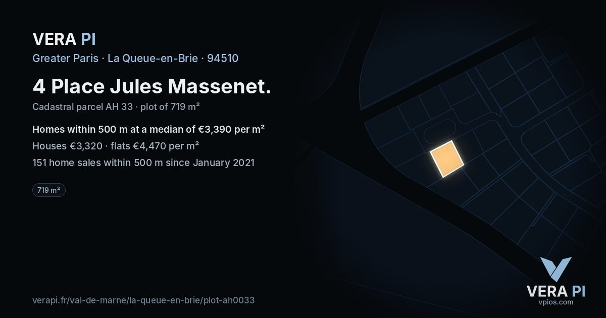 4 Place Jules Massenet, La Queue-en-Brie at night – the plot lit, the parcels around coloured by the prices near them
