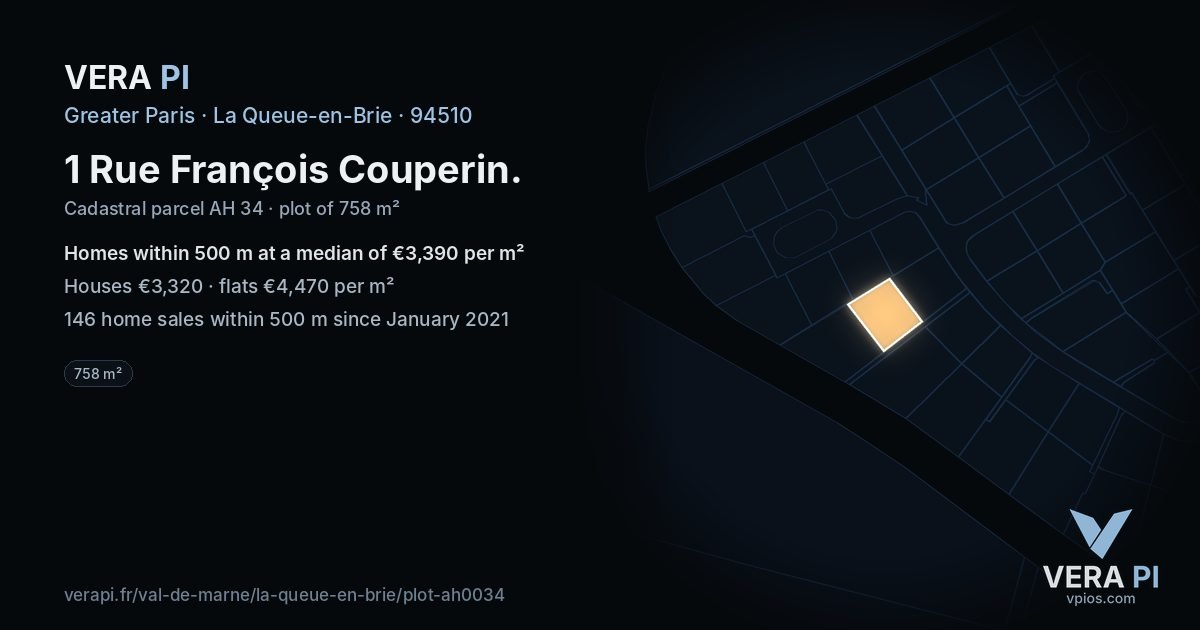 1 Rue François Couperin, La Queue-en-Brie at night – the plot lit, the parcels around coloured by the prices near them