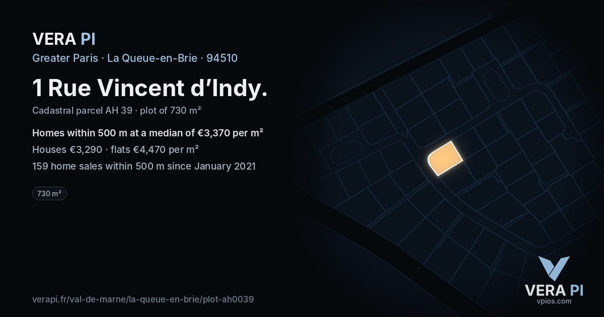 1 Rue Vincent d’Indy, La Queue-en-Brie at night – the plot lit, the parcels around coloured by the prices near them