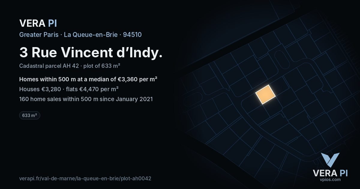 3 Rue Vincent d’Indy, La Queue-en-Brie at night – the plot lit, the parcels around coloured by the prices near them