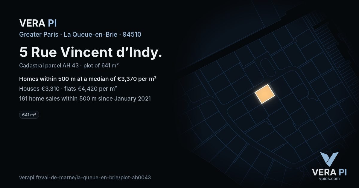 5 Rue Vincent d’Indy, La Queue-en-Brie at night – the plot lit, the parcels around coloured by the prices near them