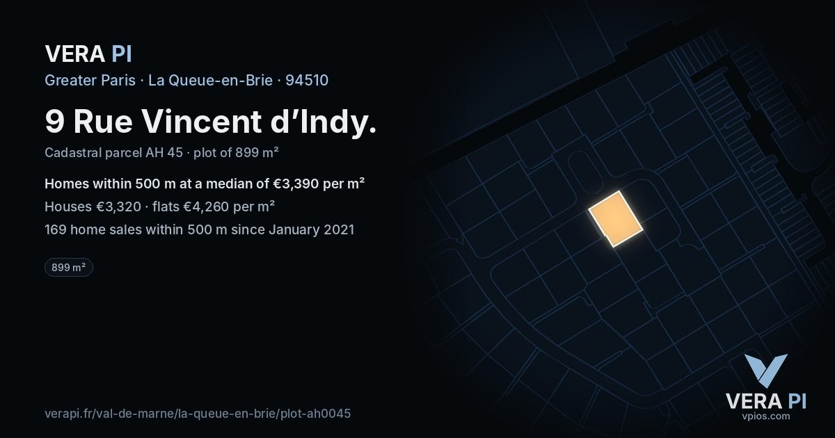 9 Rue Vincent d’Indy, La Queue-en-Brie at night – the plot lit, the parcels around coloured by the prices near them