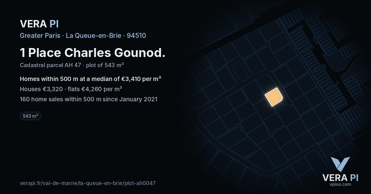 1 Place Charles Gounod, La Queue-en-Brie at night – the plot lit, the parcels around coloured by the prices near them