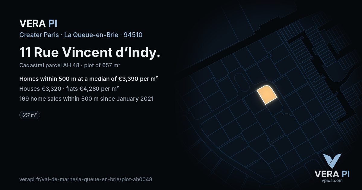11 Rue Vincent d’Indy, La Queue-en-Brie at night – the plot lit, the parcels around coloured by the prices near them
