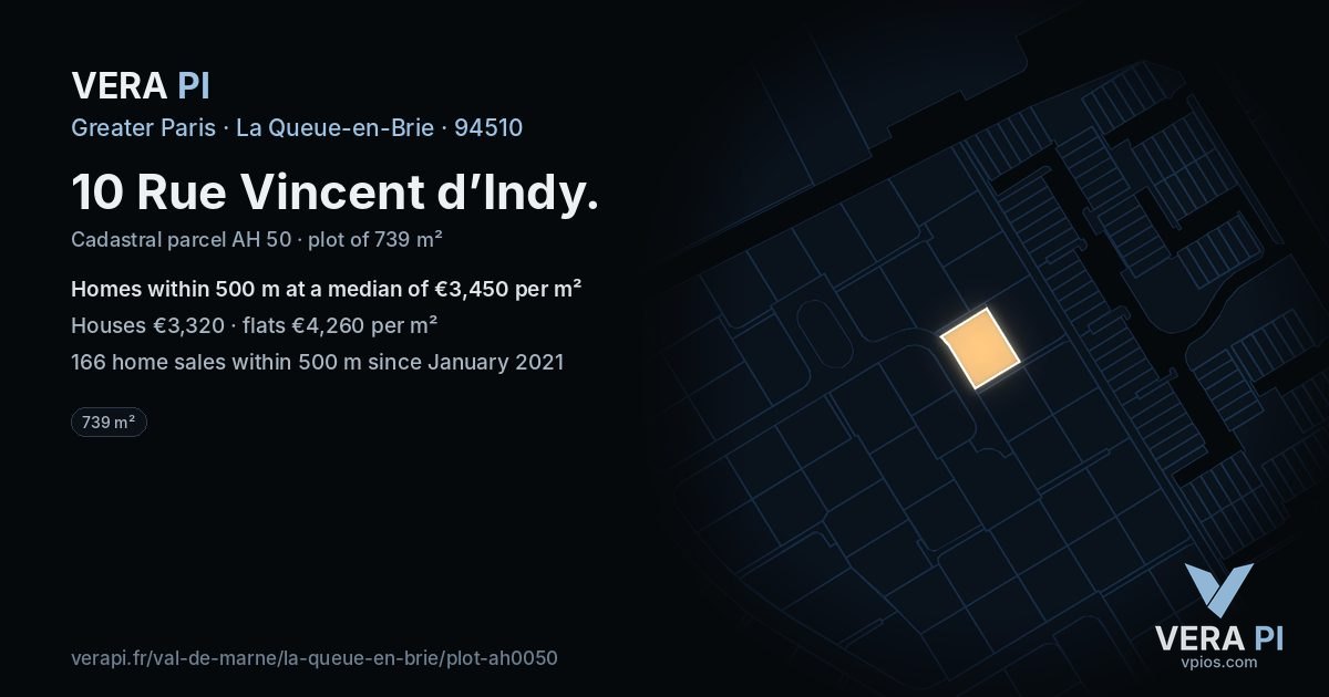 10 Rue Vincent d’Indy, La Queue-en-Brie at night – the plot lit, the parcels around coloured by the prices near them