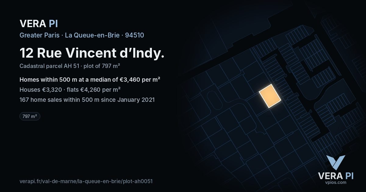 12 Rue Vincent d’Indy, La Queue-en-Brie at night – the plot lit, the parcels around coloured by the prices near them