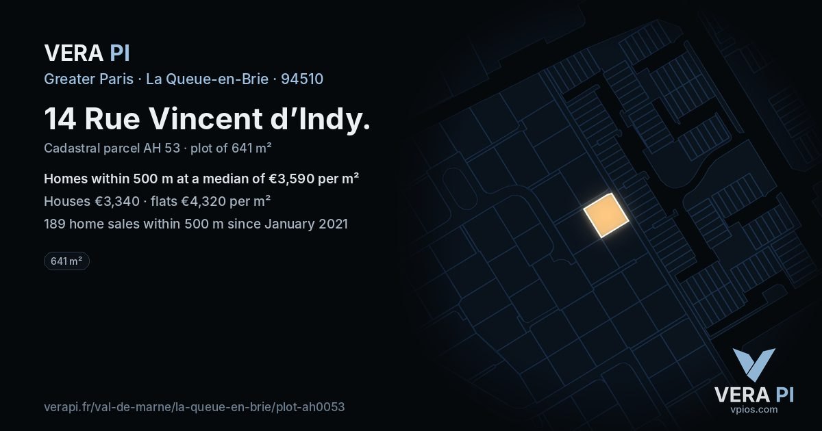 14 Rue Vincent d’Indy, La Queue-en-Brie at night – the plot lit, the parcels around coloured by the prices near them