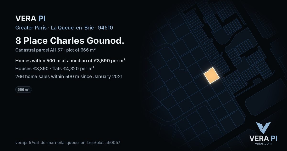 8 Place Charles Gounod, La Queue-en-Brie at night – the plot lit, the parcels around coloured by the prices near them