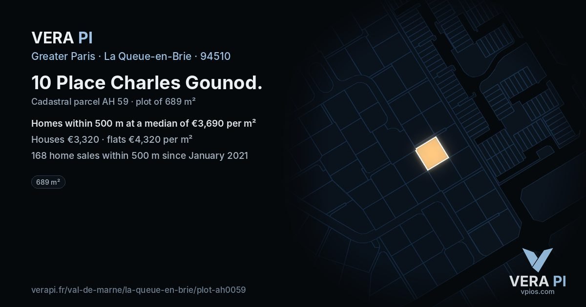 10 Place Charles Gounod, La Queue-en-Brie at night – the plot lit, the parcels around coloured by the prices near them