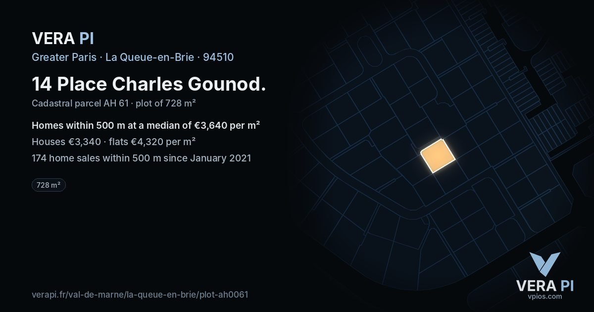 14 Place Charles Gounod, La Queue-en-Brie at night – the plot lit, the parcels around coloured by the prices near them