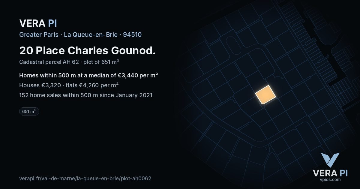 20 Place Charles Gounod, La Queue-en-Brie at night – the plot lit, the parcels around coloured by the prices near them