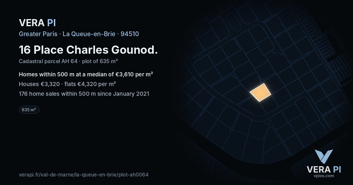 16 Place Charles Gounod, La Queue-en-Brie at night – the plot lit, the parcels around coloured by the prices near them