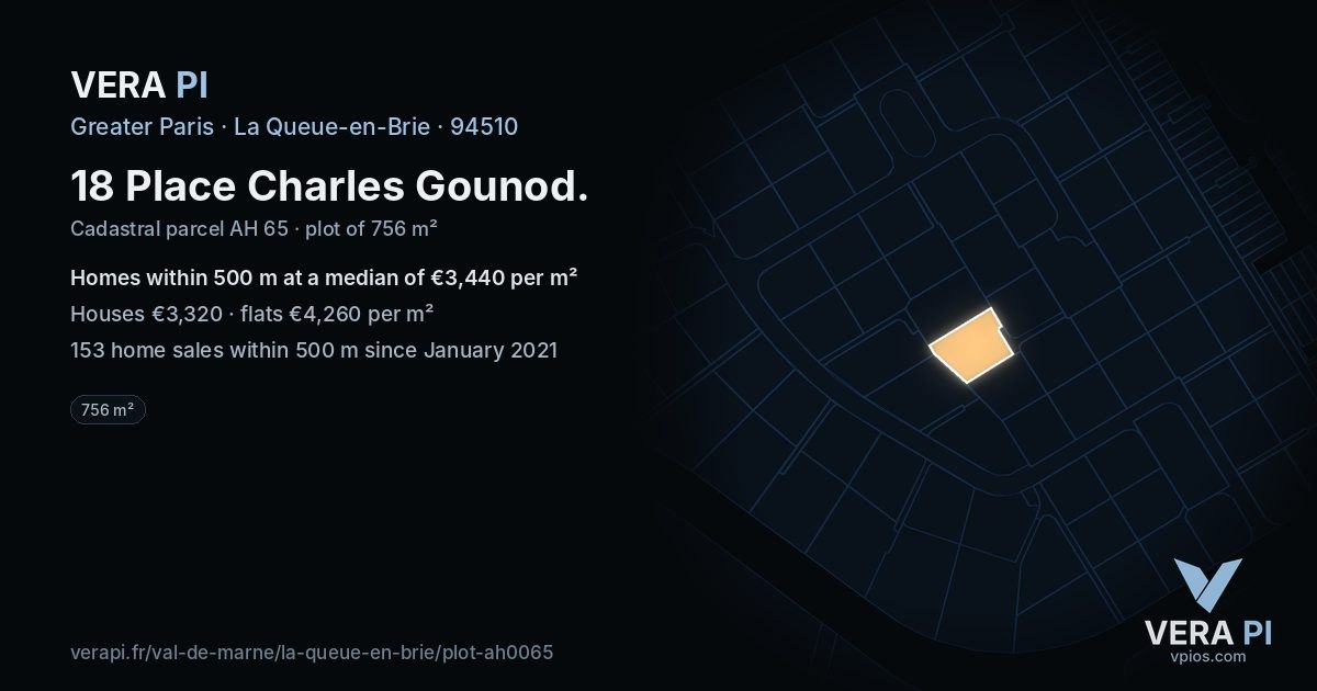 18 Place Charles Gounod, La Queue-en-Brie at night – the plot lit, the parcels around coloured by the prices near them