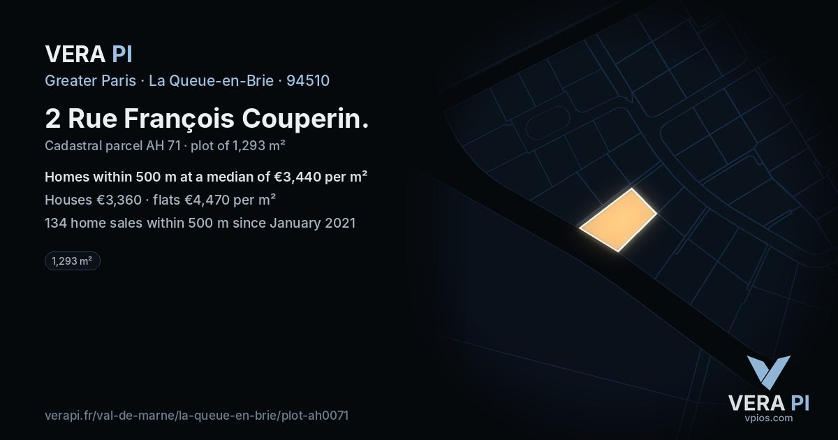 2 Rue François Couperin, La Queue-en-Brie at night – the plot lit, the parcels around coloured by the prices near them