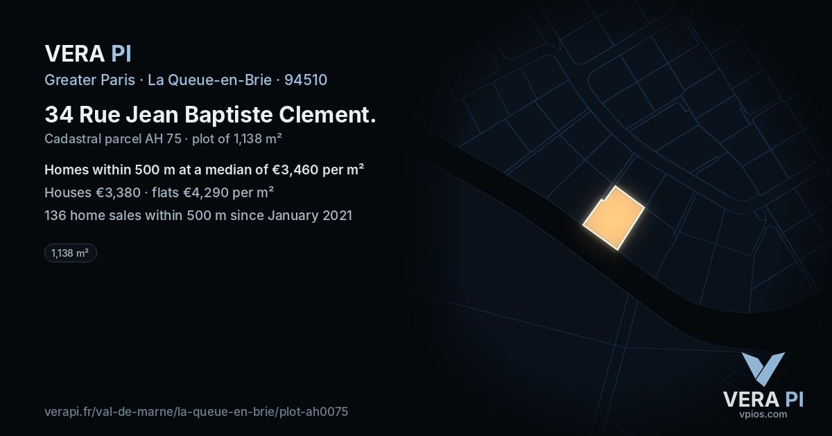 34 Rue Jean Baptiste Clement, La Queue-en-Brie at night – the plot lit, the parcels around coloured by the prices near them