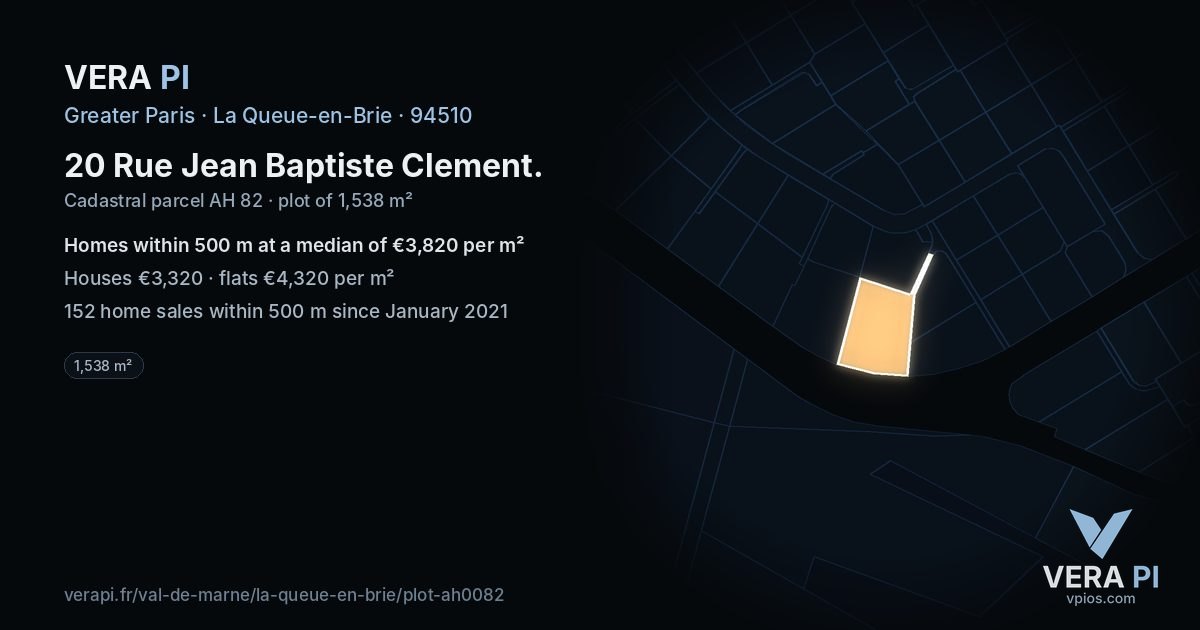 20 Rue Jean Baptiste Clement, La Queue-en-Brie at night – the plot lit, the parcels around coloured by the prices near them