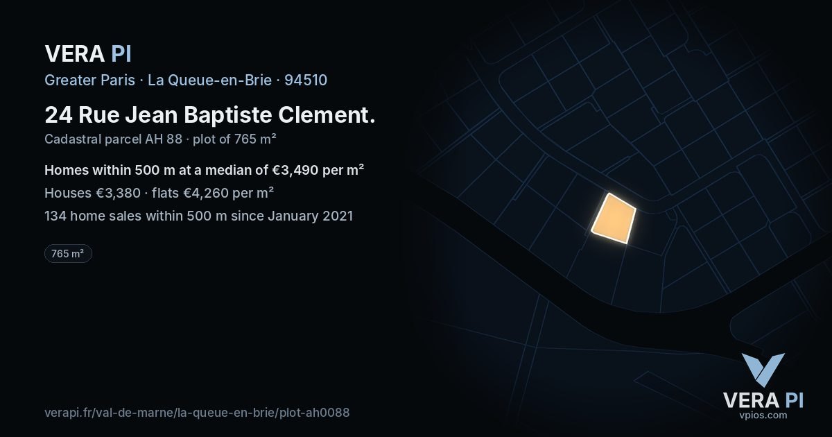 24 Rue Jean Baptiste Clement, La Queue-en-Brie at night – the plot lit, the parcels around coloured by the prices near them