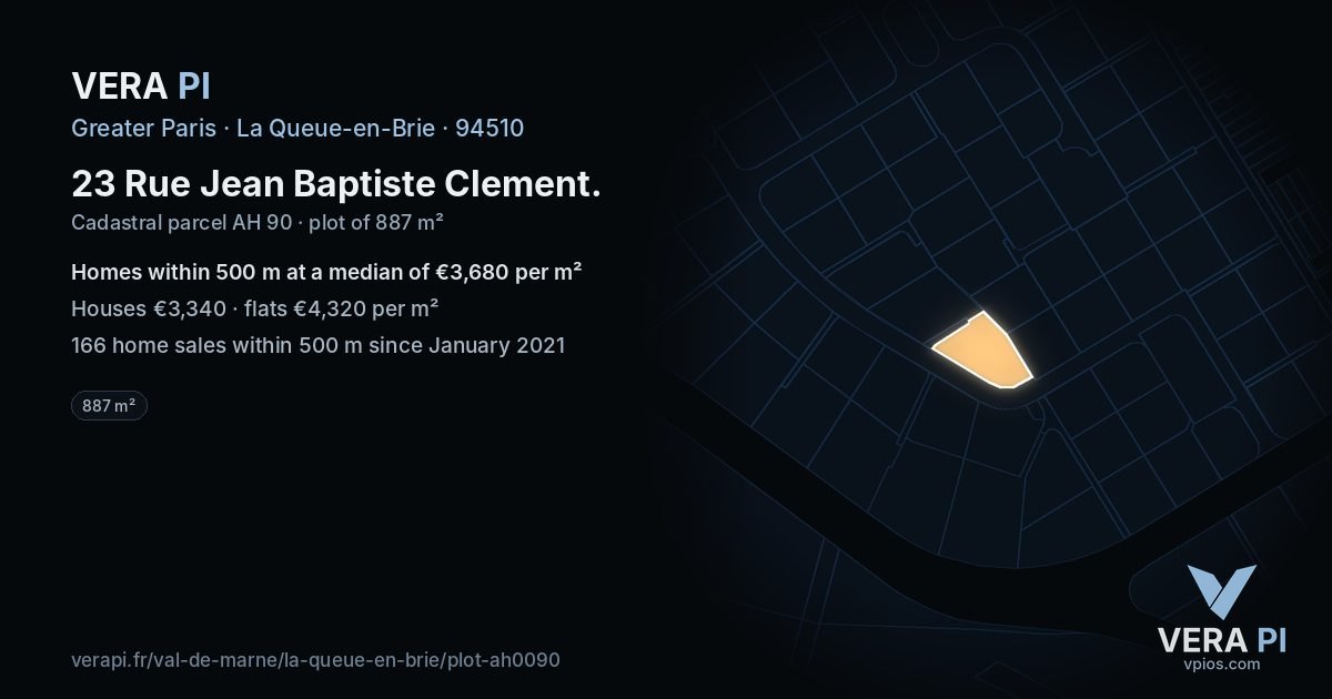 23 Rue Jean Baptiste Clement, La Queue-en-Brie at night – the plot lit, the parcels around coloured by the prices near them
