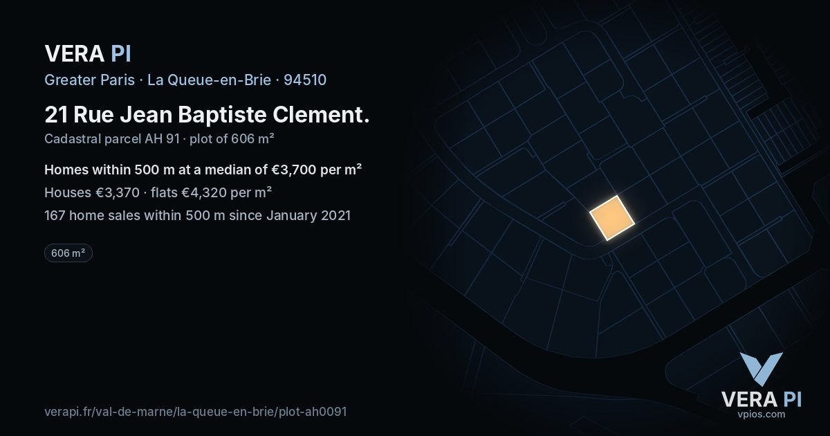21 Rue Jean Baptiste Clement, La Queue-en-Brie at night – the plot lit, the parcels around coloured by the prices near them