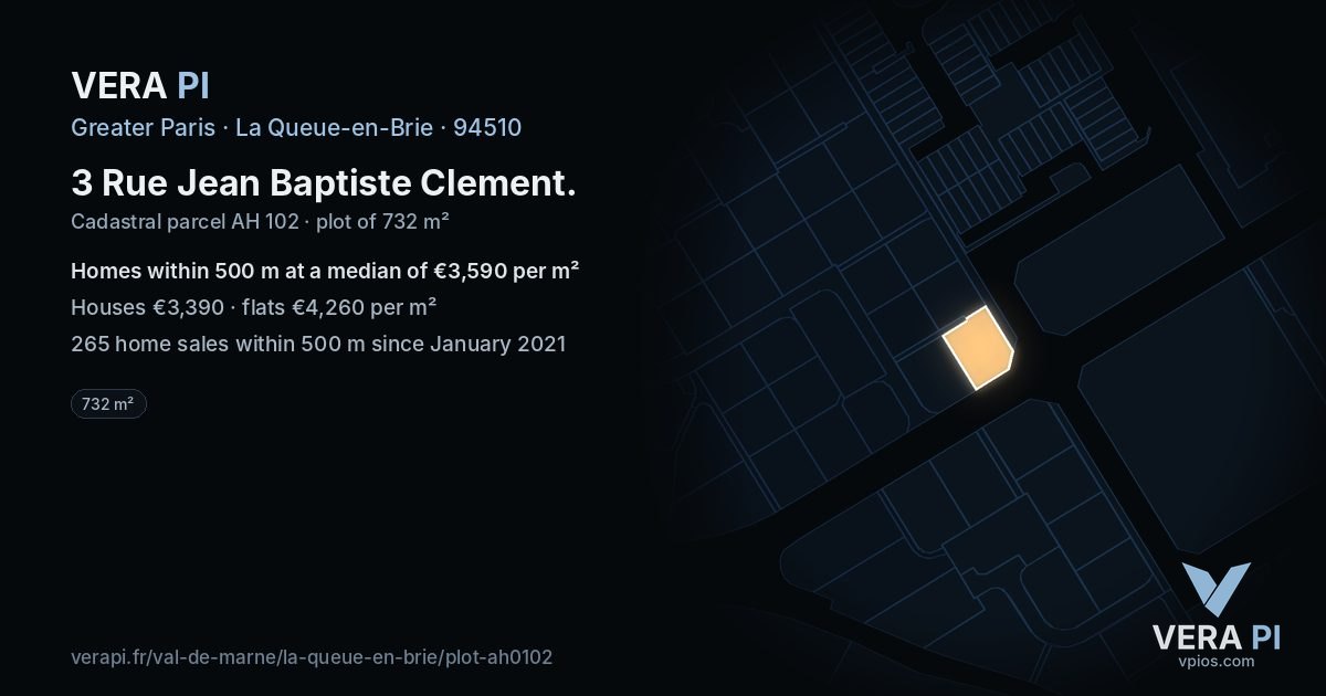 3 Rue Jean Baptiste Clement, La Queue-en-Brie at night – the plot lit, the parcels around coloured by the prices near them
