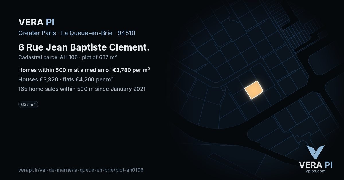 6 Rue Jean Baptiste Clement, La Queue-en-Brie at night – the plot lit, the parcels around coloured by the prices near them