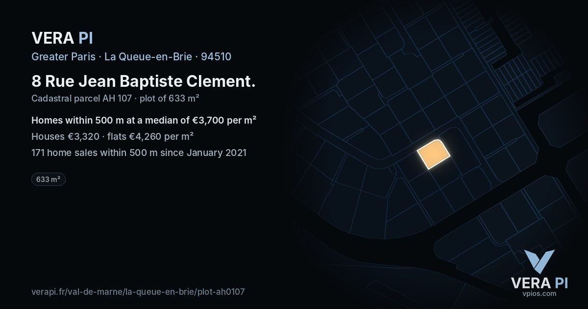 8 Rue Jean Baptiste Clement, La Queue-en-Brie at night – the plot lit, the parcels around coloured by the prices near them